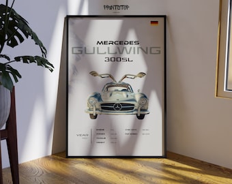 Vintage 1957 Mercedes Gullwing 300SL Car Poster, Classic Automobile Wall Art, Retro Car Decor, Collector&#39;s Print, Gift for Car Enthusiasts