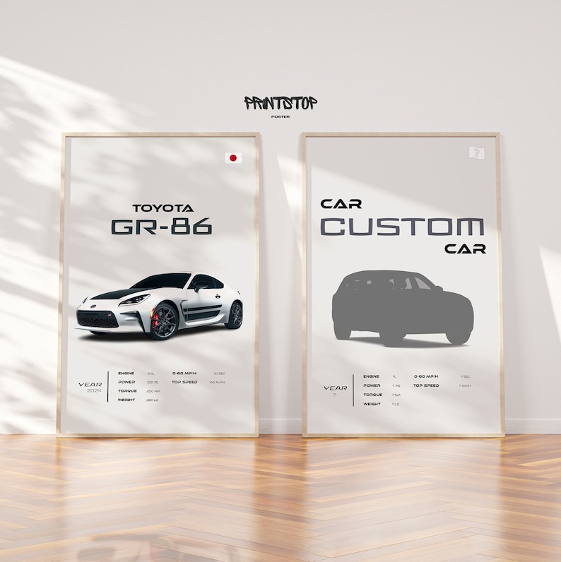 May include: Two posters with a white background and black text. The poster on the left features a white Toyota GR-86 sports car with black accents. The poster on the right features a silhouette of a black SUV with the text "CAR CUSTOM CAR".