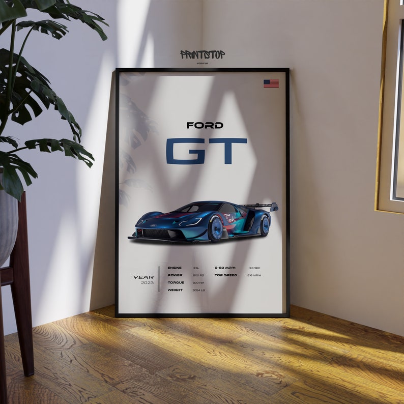 High resolution poster of a blue 2023 Ford GT sports car, accompanied by the United States flag, detailing the car's technical specifications