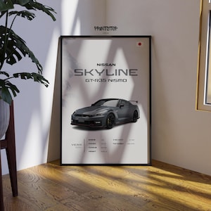 May include: Framed poster featuring a gray Nissan Skyline GT-R35 Nismo. The poster includes the car's name, model, and specifications. The background is a light color with a red dot and the text "PRINTSTOP" at the top.