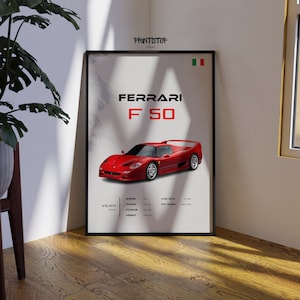Pôster de supercarro Ferrari F50 - Arte de parede Ferrari vermelha de 1995 - Impressão de carro esportivo vintage - Decoração automotiva para entusiastas de carros