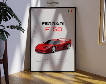 May include: A red Ferrari F50 sports car poster with the car's specifications listed below. The poster has a white background with black text and a small Italian flag in the top right corner.