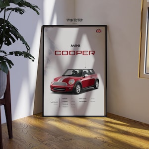 May include: A red Mini Cooper car poster with the text "MINI COOPER" in white. The poster also includes the year "2014", "ENGINE", "POWER", "TORQUE", "WEIGHT", "0-60 MPH", and "TOP SPEED" with corresponding values.