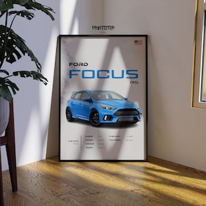 Póster del Ford Focus RS - Arte mural de hatchback deportivo azul - Decoración automotriz - Regalo para entusiastas de los coches