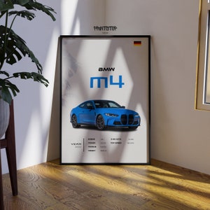 2022 BMW M4 Poster, Hochleistungssportwagen-Druck, elegante blaue Luxusauto-Wandkunst, modernes Fahrzeugdekor, ultimative Fahrmaschine