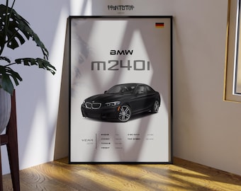 Puede incluir: Un póster negro BMW M240i con fondo blanco. El póster presenta una foto del coche, el nombre del coche y sus especificaciones, incluyendo el año, el motor, la potencia, el par, el 0-60 mph y la velocidad máxima.