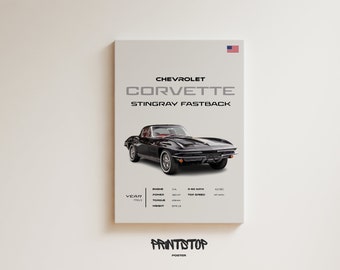Poster Chevrolet Corvette Stingray Fastback 1963 : oeuvres d&#39;art vintage de voitures de sport