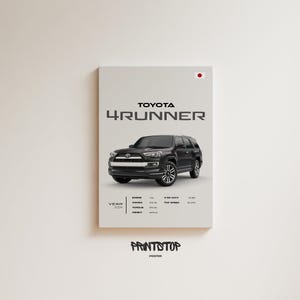 Könnte beinhalten: Ein schwarzer Toyota 4Runner SUV-Poster mit dem Text "TOYOTA 4RUNNER" in fetten weißen Buchstaben. Der Poster enthält auch das Jahr "2024", "MOTOR", "LEISTUNG", "DREHMOMENT", "HÖHE", "0-60 MPH", "HÖCHSTGESCHWINDIGKEIT" und "VERBRAUCH" mit entsprechenden Werten.