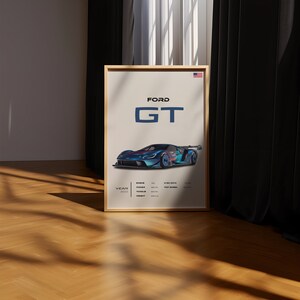 May include: A poster featuring a blue and green Ford GT race car with the text "FORD GT" in large blue letters. The poster also includes the year "2023" and specifications for the car, including engine, power, torque, and top speed.