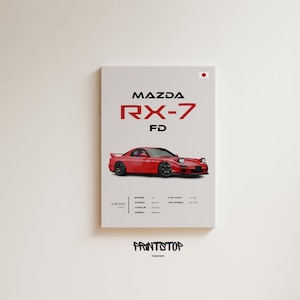Póster Mazda RX-7 FD 1992, impresión de automóvil JDM clásico, arte mural de automóvil deportivo, decoración de motor rotativo, regalo para entusiastas de los automóviles japoneses, arte RX7 rojo