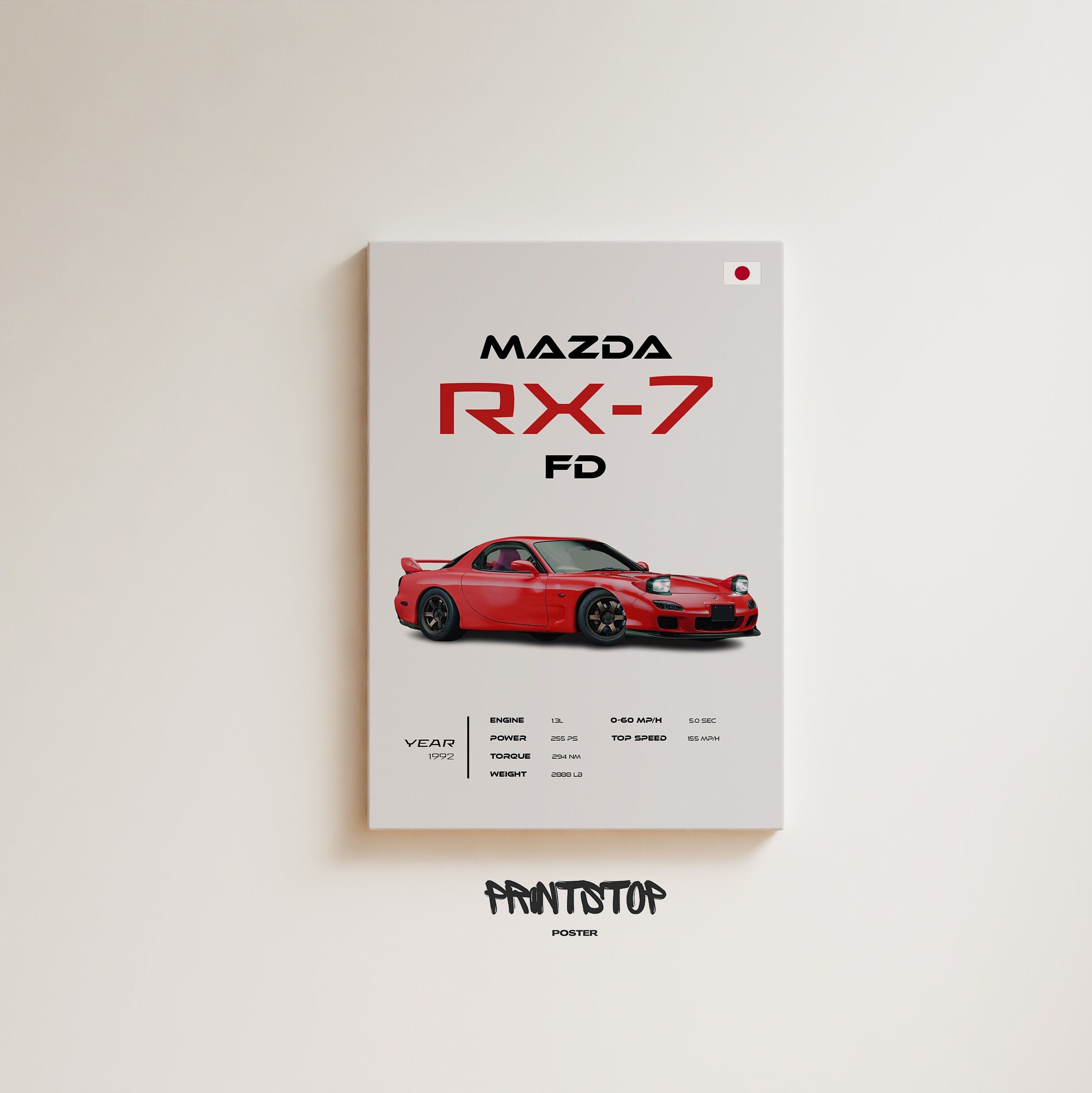 Póster Mazda RX-7 FD 1992, impresión de automóvil JDM clásico, arte mural de automóvil deportivo, decoración de motor rotativo, regalo para entusiastas de los automóviles japoneses, arte RX7 rojo