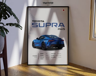 Póster del Toyota Supra MK5, impresionante impresión de coche deportivo, regalo ideal para entusiastas de los coches, arte mural moderno para decoración del hogar y la oficina.
