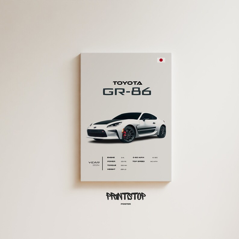 May include: A white Toyota GR-86 sports car poster with a black and red design. The poster features the car's year, engine size, power, torque, 0-60 mph time, top speed, and weight. The poster also includes the text "PRINTSTOP" and "POSTER".