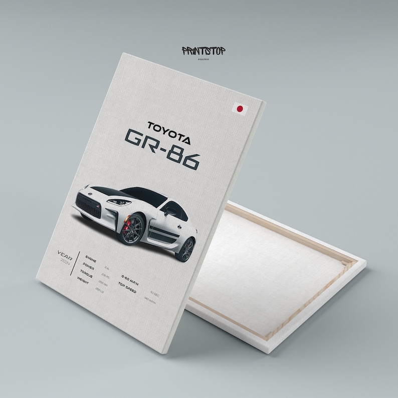 May include: A white Toyota GR-86 sports car with black accents and red brake calipers. The car is on a white background with the text "TOYOTA GR-86" and a Japanese flag. The text "YEAR 2021", "ENGINE 2.4L", "POWER 230 hp", "TORQUE 184 lb-ft", "WEIGHT 2870 lbs", "0-60 MPH 6.1 sec", "TOP SPEED 140 mph" is also visible.