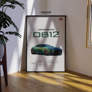 2024 Aston Martin DB12 Sportwagen Poster, moderner Luxusauto-Druck, zeitgenössisches Automobilkunstwerk, exotisches Autosammlergeschenk