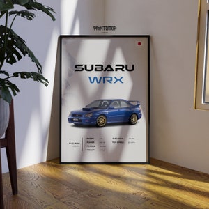 Subaru WRX 2004 Auto Poster, Dekor für Oldtimer-Enthusiasten, detaillierte Spezifikationen, blaues Sammlungsauto-Wandkunst, Geschenk für Autoliebhaber