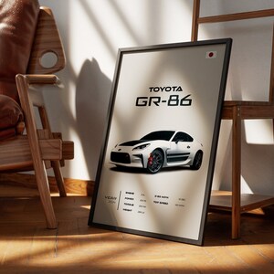 May include: A white Toyota GR-86 sports car with black accents and a Japanese flag sticker. The car is on a white background with black text that says "TOYOTA GR-86" and includes specifications like year, engine, power, torque, 0-60 mph, top speed, and weight.