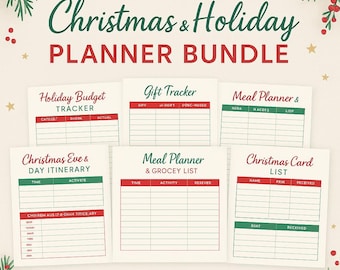 Puede incluir: Un paquete de páginas imprimibles de planificador de Navidad y vacaciones. El paquete incluye un rastreador de presupuesto de vacaciones, un rastreador de regalos, un planificador de comidas, un itinerario de Nochebuena y una lista de tarjetas de Navidad.