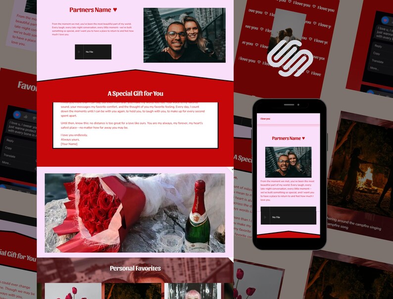 May include: A romantic-themed digital design with a pink and red color scheme. The design includes a photo of a couple, text that reads "Partners Name", and a bouquet of red roses. A smartphone displays the same design.