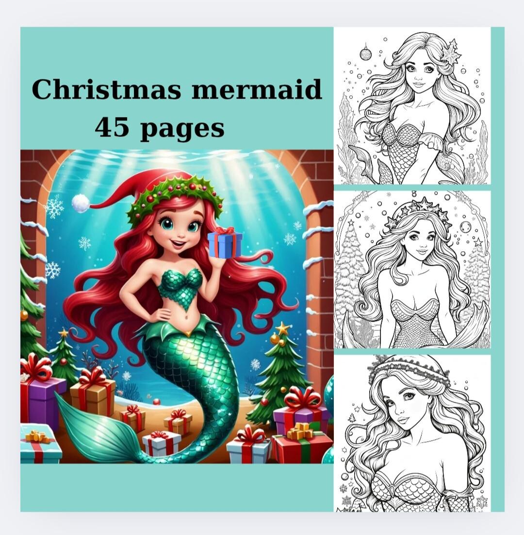 Christmas Mermaid Coloring Pages - Etsy