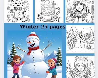 Peut inclure: Un livre de coloriage avec 25 pages d'illustrations sur le thème de l'hiver. La couverture présente un bonhomme de neige avec deux enfants, un bonhomme en pain d'épices, une tasse de chocolat chaud et une fille portant un bonnet et une écharpe d'hiver.
