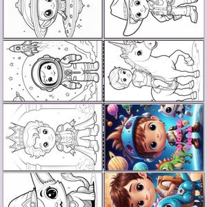 May include: A collection of cartoon illustrations, including an astronaut, a cowboy, a prince, and a cat wearing a wizard hat. The images are in black and white, with a colorful illustration of a boy with a dinosaur and the text "Coloring Book".