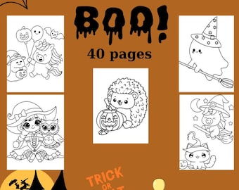 May include: A Halloween-themed coloring book with the word "BOO!" in dripping letters and the text "40 pages." The cover features illustrations of ghosts, witches, and other spooky characters. A spider web and bats are in the background.