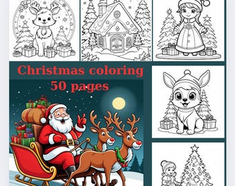 May include: A Christmas coloring book with 50 pages. The cover features Santa Claus in a red sleigh pulled by reindeer. Inside are black and white illustrations of Christmas scenes, including a reindeer, a house, and a girl.