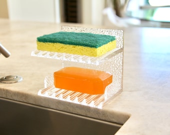 Sysler Acrylic Sponge Holder, Soap Holder, Soap Dish Soap Saver, 2 in 1 holder for Kitchen, Sink, Bath and Shower, double shelve w/ drainage