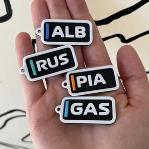 Puede incluir: Cuatro llaveros negros y blancos con bordes blancos. Cada llavero tiene una franja de color diferente y un nombre impreso en letras blancas. Los nombres son "ALB", "RUS", "PIA" y "GAS".