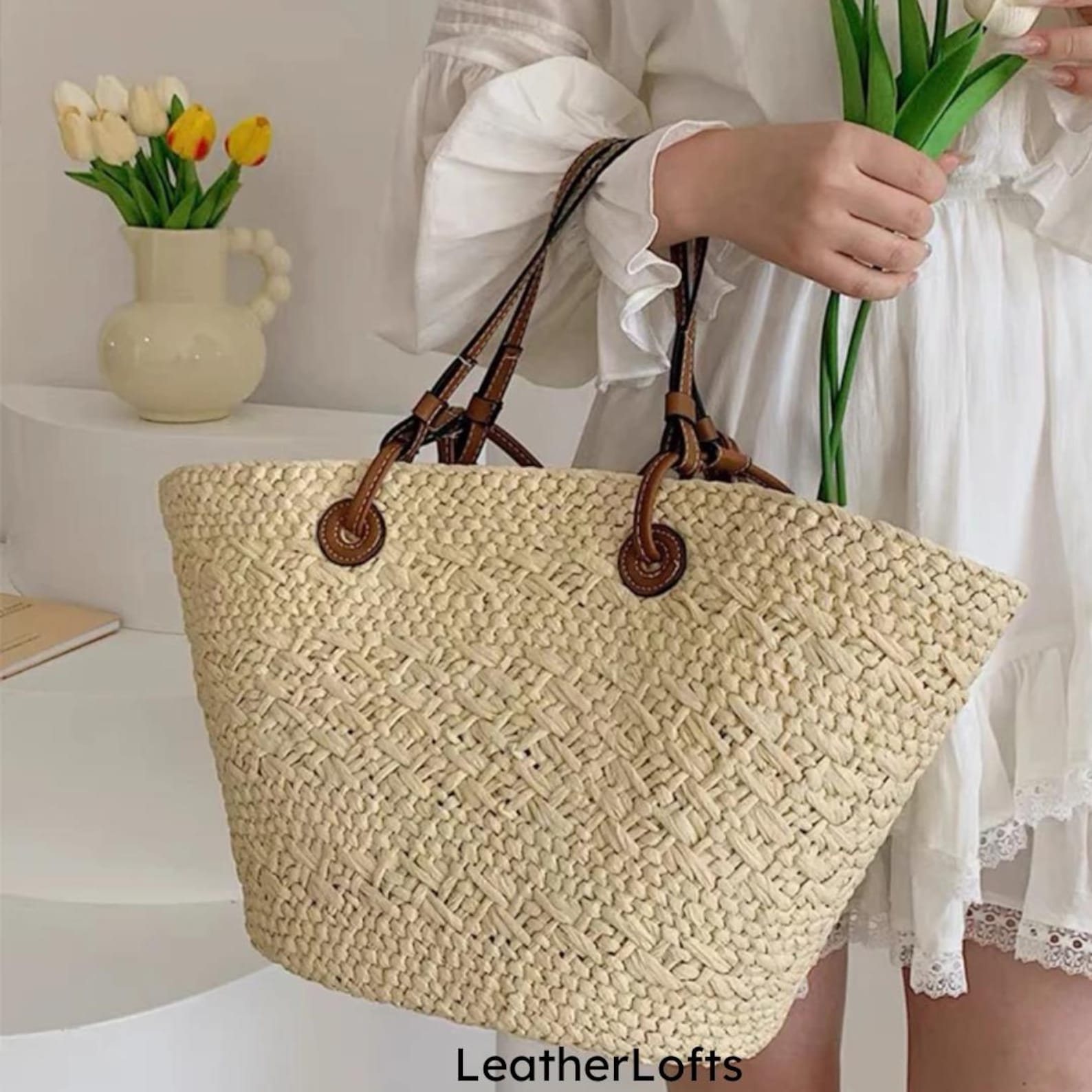 Handmade Straw Woven Tote Bag: Large Boho Beach Shoulder Bag - Etsy