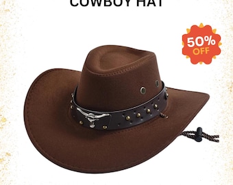 GEMVIE Cappello da cowboy in pelle scamosciata, due tipi di fascia per il cappello, falda larga, cappello western per uomo e donna, unisex, cappello western vintage, cappello da cowgirl, Nero , 56/58