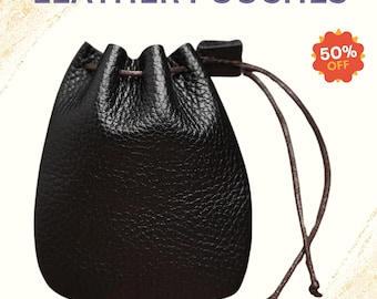Brown Leather Drawstring Pouch: Coin, Crystal, Dice, Jewelry Bag