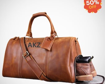 Personalized Full Grain Leather Duffle Bag: Monogrammed Weekend Travel Bag