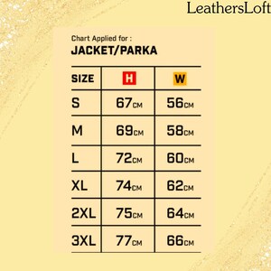 Op de afbeelding: Maattabel voor een jas of parka, met de afmetingen in centimeters voor hoogte en breedte. De maten omvatten S, M, L, XL, 2XL en 3XL.