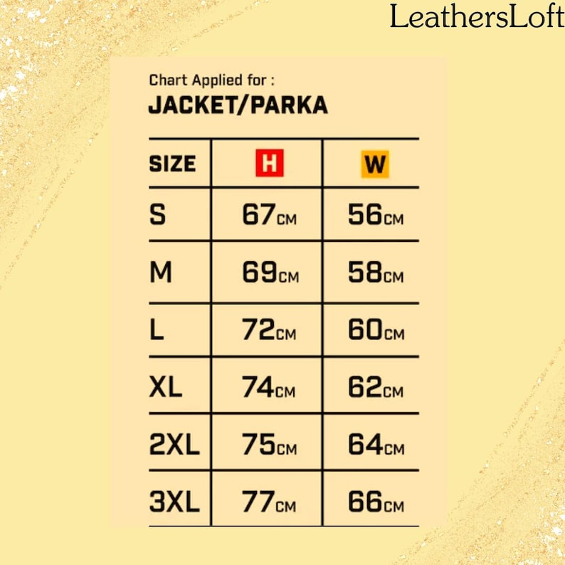 Op de afbeelding: Maattabel voor een jas of parka, met de afmetingen in centimeters voor hoogte en breedte. De maten omvatten S, M, L, XL, 2XL en 3XL.