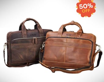 Personalized Vintage Leather Briefcase: Men's Messenger Laptop Bag