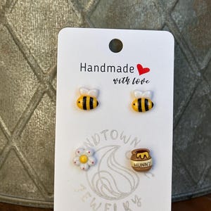 Bee Stud Earrings – Handmade Bee, Honey Pot & Daisy Mismatched Earring Sets