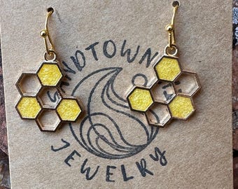 Golden Honeycomb Earrings | Bee Jewelry | Nature Inspired Resin Earrings