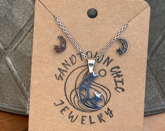 Crescent Moon and Star Jewelry Set - Handmade Necklace & Earrings