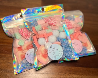 Bolsita de dulces para revelar el género, recuerdos para baby shower