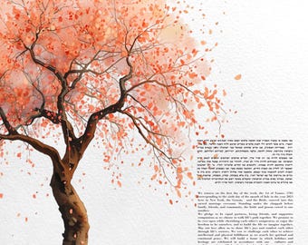 May include: Watercolor illustration of a tree with a brown trunk and branches, adorned with orange-red leaves. The artwork has a soft, airy feel, with text on the right side. The theme is likely related to a wedding or a special occasion.