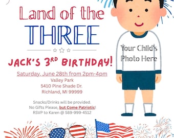 Land of the THREE American 4th of July Invitation Template | Editable Children's Patriotic Summer 3rd Birthday | Editable|Download|Canva