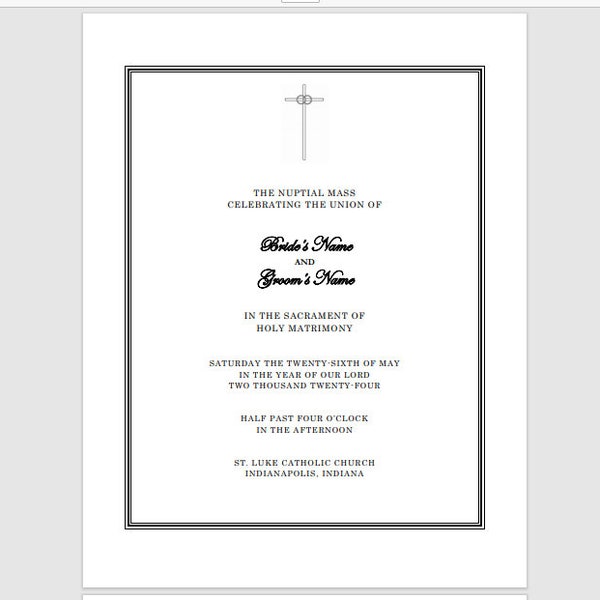 Catholic mass wedding program, word doc edit, full size, music notes, nuptial mass, sacrament of holy matrimony, Christian, Church Program