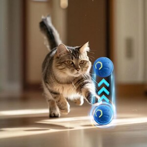 May include: A tabby cat chases a blue and yellow robotic toy ball that moves on its own. The ball has a glowing blue light around it and is moving up and down.
