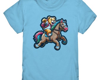 T-shirt d'inscription scolaire pour enfants : Youpi ! Ours avec cartable à cheval, cadeau de rentrée ! T-shirt premium