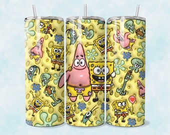 Sponge Bob Patrick Skinny Tumbler Water Bottle Cup Drink TV Nick Show Kids 90s Millennial Yellow Puffy Inflated Present Gift Birthday