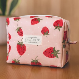 Handmade Strawberry Print Cosmetic Boxy Bag