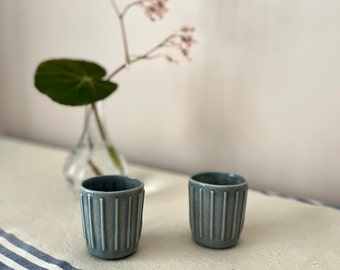 Twin Espresso Cups Set: Handcrafted Ceramic, Unique Design with Vertical Texture, Glazed Finish - Perfect Gift for Coffee Lovers!