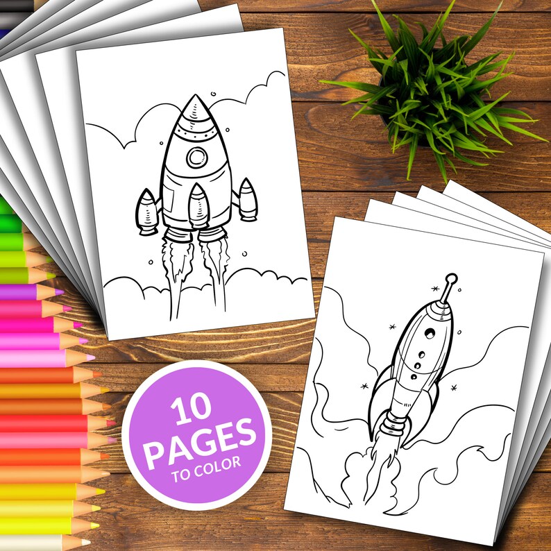 Rocket Printable Coloring Pages, Space Rocket Coloring Book, Easy and